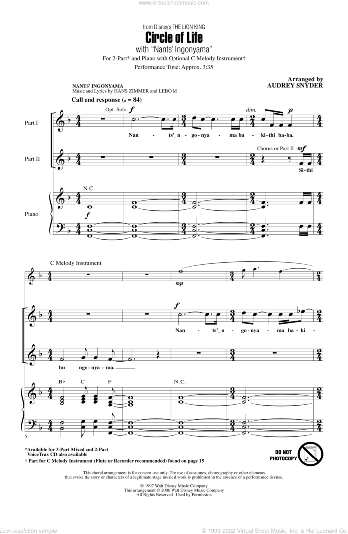 Circle Of Life (with Nants' Ingonyama) (from The Lion King) (Arr. Audrey Snyder) sheet music for choir (2-Part) by Elton John, Audrey Snyder, Hans Zimmer, Lebo M. and Tim Rice, intermediate duet