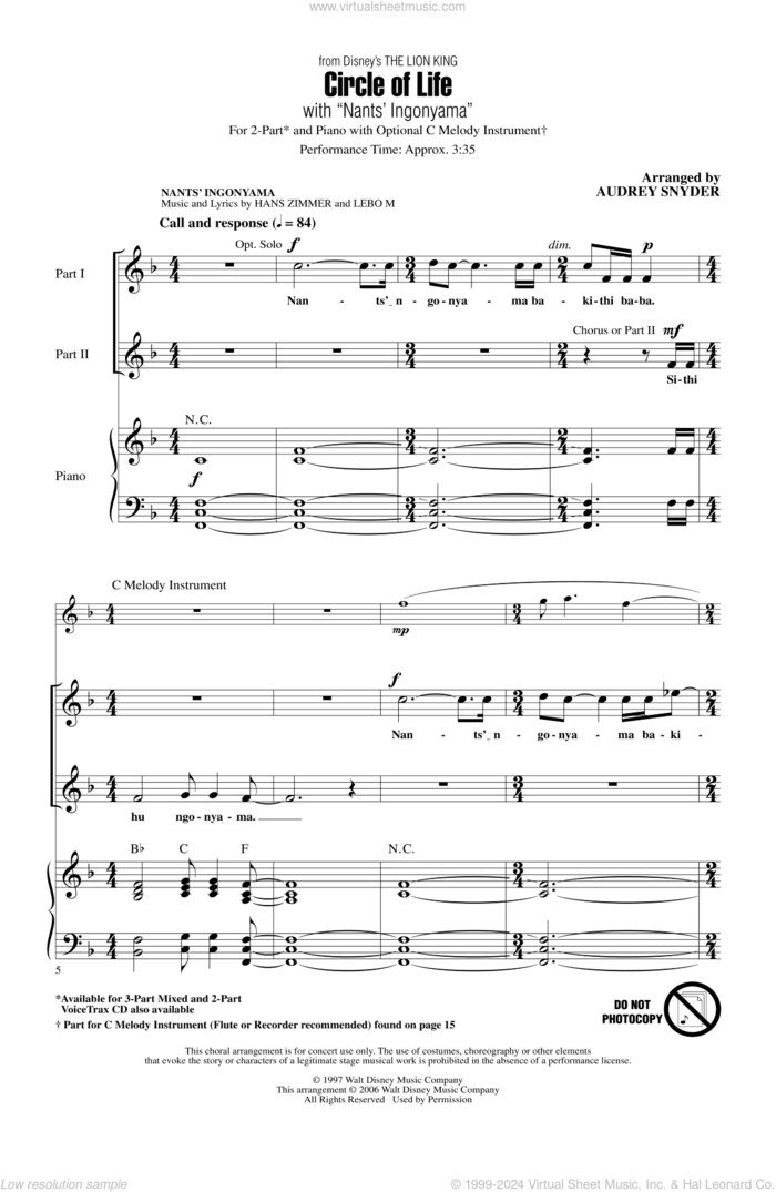 Circle Of Life (with Nants' Ingonyama) (from The Lion King) (Arr. Audrey Snyder) sheet music for choir (2-Part) by Elton John, Audrey Snyder, Hans Zimmer, Lebo M. and Tim Rice, intermediate duet