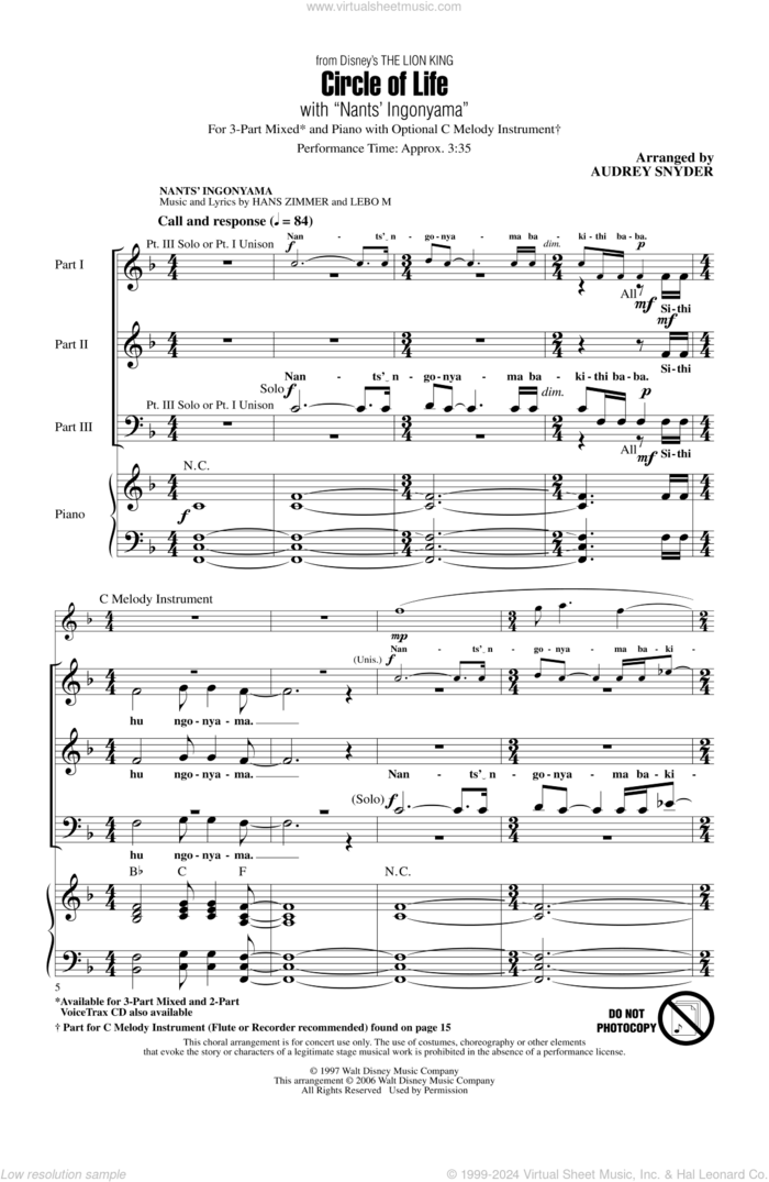 Circle Of Life (with Nants' Ingonyama) (from The Lion King) (Arr. Audrey Snyder) sheet music for choir (3-Part Mixed) by Elton John, Audrey Snyder, Hans Zimmer, Lebo M. and Tim Rice, intermediate skill level