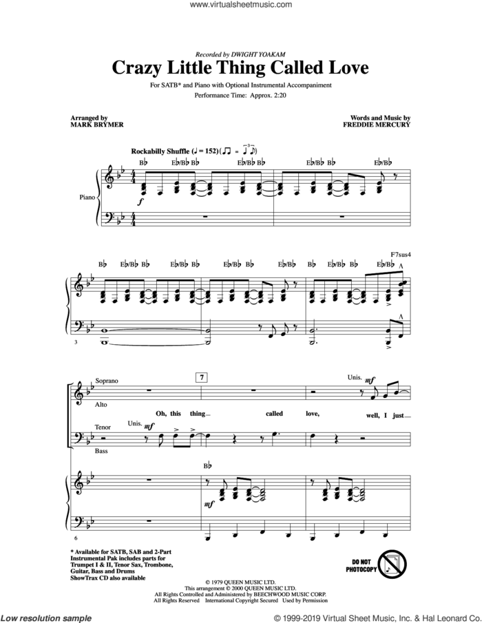 Crazy Little Thing Called Love (arr. Mark Brymer) sheet music for choir (SATB: soprano, alto, tenor, bass) by Dwight Yoakam, Mark Brymer, Queen and Freddie Mercury, intermediate skill level