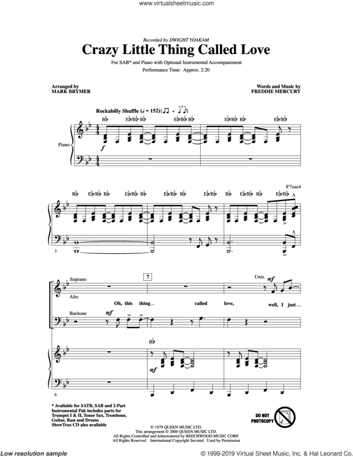 Crazy Little Thing Called Love (arr. Mark Brymer) sheet music for choir (SAB: soprano, alto, bass) by Dwight Yoakam, Mark Brymer, Queen and Freddie Mercury, intermediate skill level