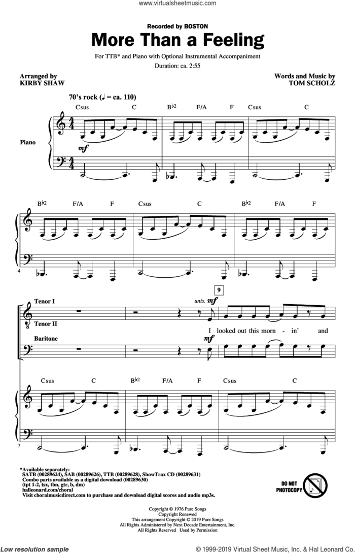 More Than a Feeling (arr. Kirby Shaw) sheet music for choir (TTBB: tenor, bass) by Boston, Kirby Shaw and Tom Scholz, intermediate skill level