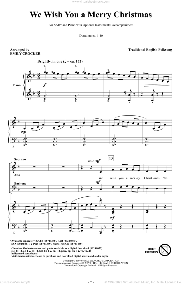 We Wish You A Merry Christmas sheet music for choir (SAB: soprano, alto, bass) by Emily Crocker and Miscellaneous, intermediate skill level