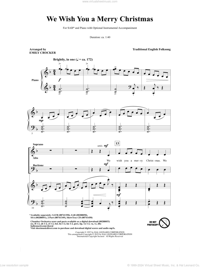 We Wish You A Merry Christmas sheet music for choir (SAB: soprano, alto, bass) by Emily Crocker and Miscellaneous, intermediate skill level