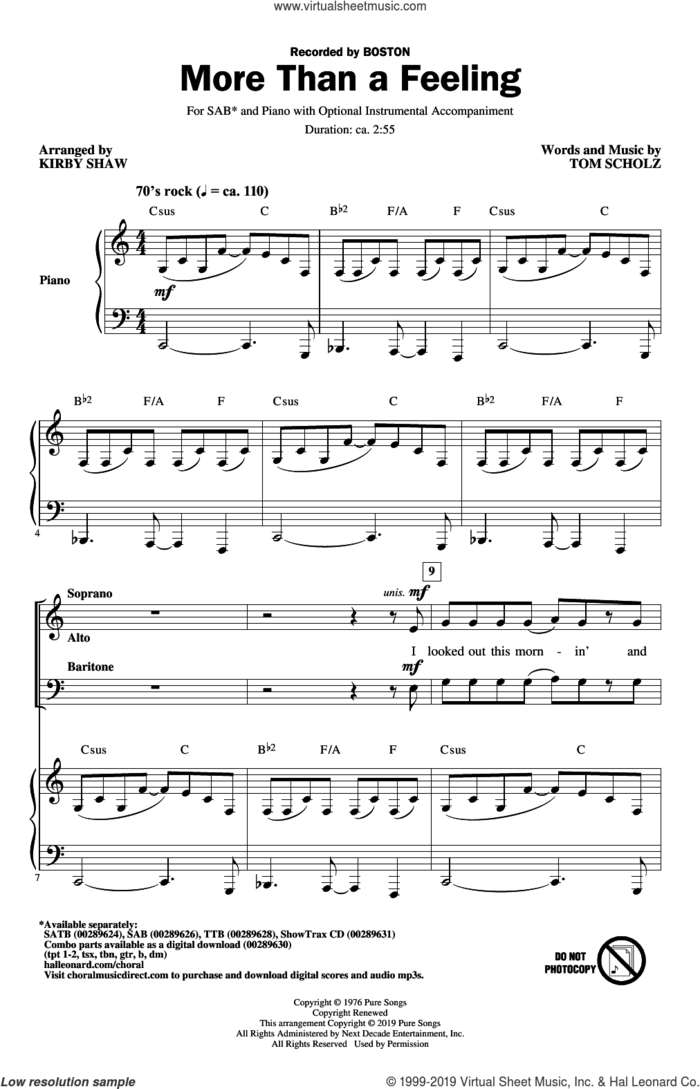 More Than a Feeling (arr. Kirby Shaw) sheet music for choir (SAB: soprano, alto, bass) by Boston, Kirby Shaw and Tom Scholz, intermediate skill level