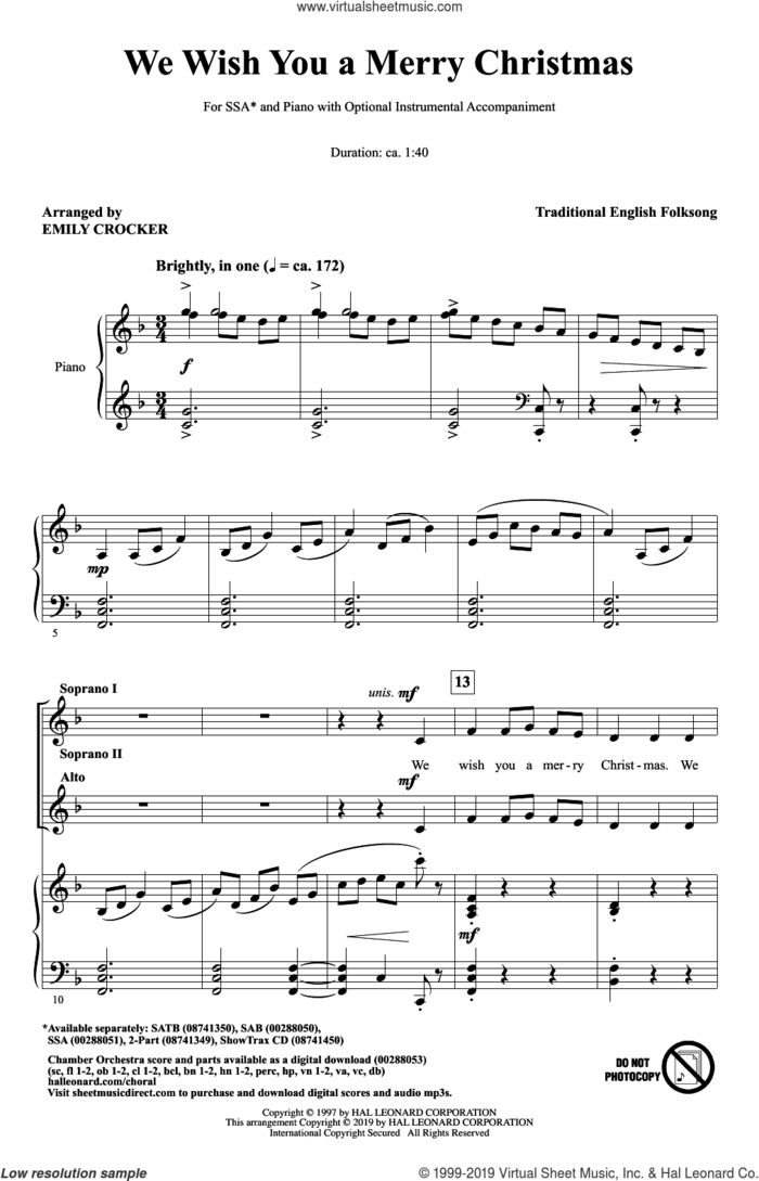 We Wish You A Merry Christmas sheet music for choir (SSA: soprano, alto) by Emily Crocker and Miscellaneous, intermediate skill level