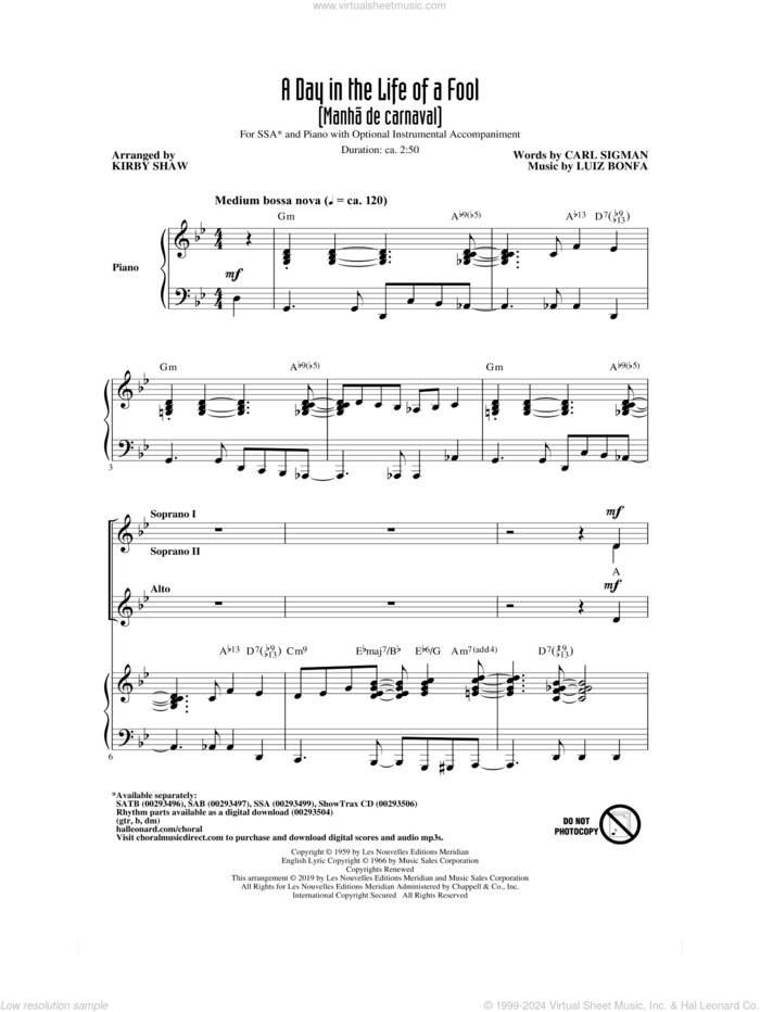 A Day In The Life Of A Fool (Manha De Carnaval) (arr. Kirby Shaw) sheet music for choir (SSA: soprano, alto) by Carl Sigman, Kirby Shaw, Carl Sigman & Luiz Bonfa and Luiz Bonfa, intermediate skill level