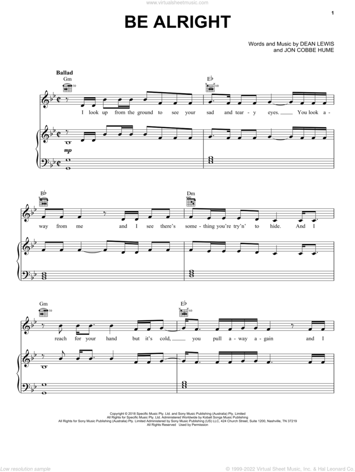 Be Alright sheet music for voice, piano or guitar by Dean Lewis and Jon Cobbe Hume, intermediate skill level