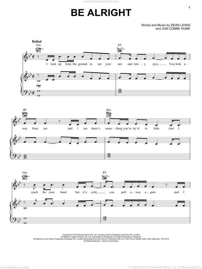 Be Alright sheet music for voice, piano or guitar by Dean Lewis and Jon Cobbe Hume, intermediate skill level