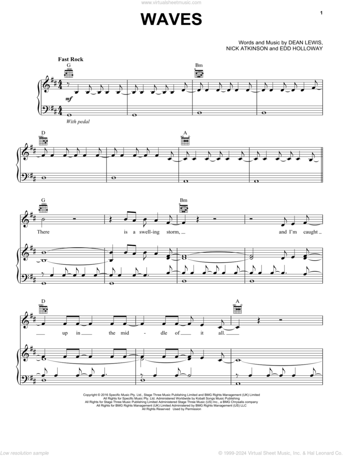 Waves sheet music for voice, piano or guitar by Dean Lewis, Edd Holloway and Nick Atkinson, intermediate skill level