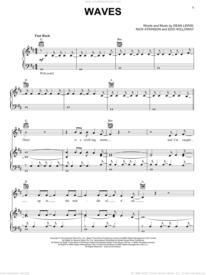 Waves sheet music for voice, piano or guitar by Dean Lewis, Edd Holloway and Nick Atkinson, intermediate skill level