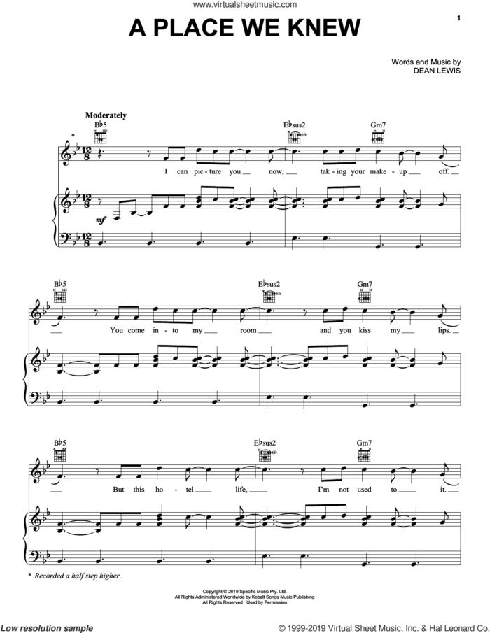 A Place We Knew sheet music for voice, piano or guitar by Dean Lewis, intermediate skill level