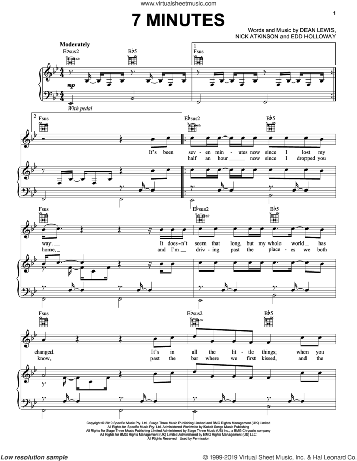 7 Minutes sheet music for voice, piano or guitar by Dean Lewis, Edd Holloway and Nick Atkinson, intermediate skill level