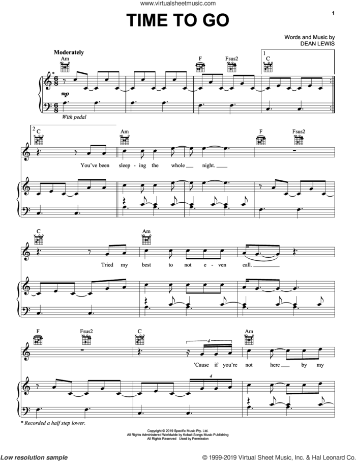 Time To Go sheet music for voice, piano or guitar by Dean Lewis, intermediate skill level