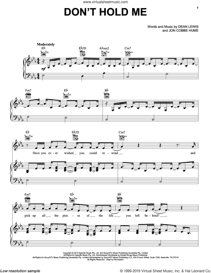 Don't Hold Me sheet music for voice, piano or guitar by Dean Lewis and Jon Cobbe Hume, intermediate skill level