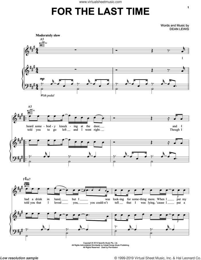For The Last Time sheet music for voice, piano or guitar by Dean Lewis, intermediate skill level