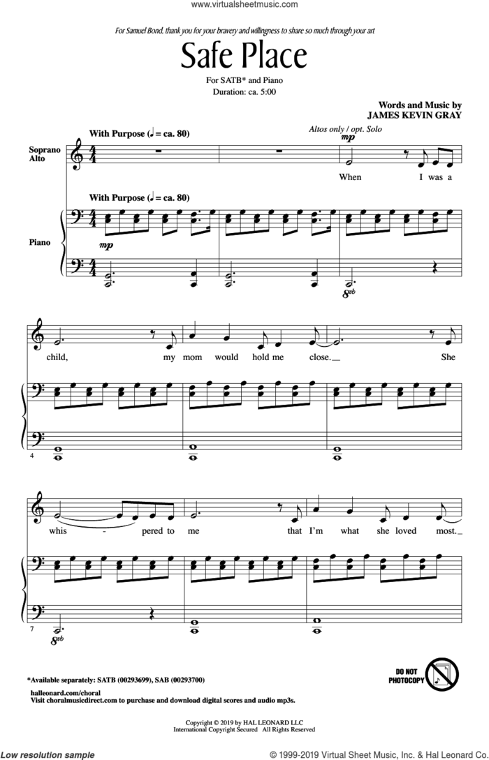 Safe Place sheet music for choir (SATB: soprano, alto, tenor, bass) by James Kevin Gray, intermediate skill level