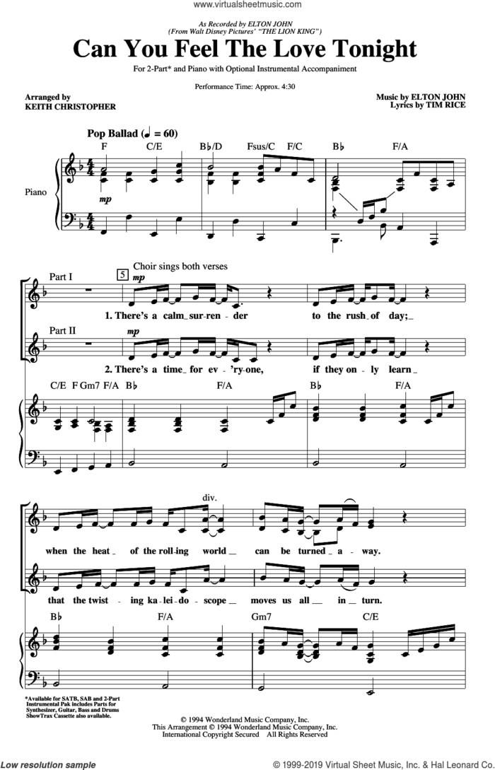 Can You Feel The Love Tonight (from The Lion King) (arr. Keith Christopher) sheet music for choir (SATB: soprano, alto, tenor, bass) by Elton John, Keith Christopher and Tim Rice, wedding score, intermediate skill level