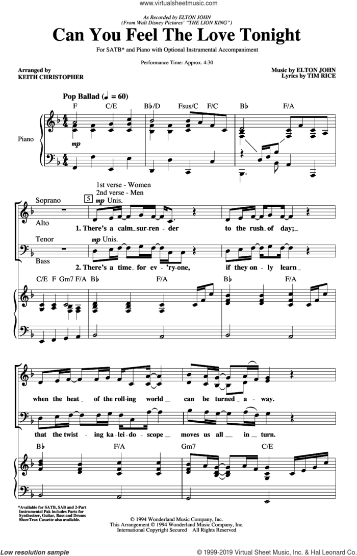Can You Feel The Love Tonight (from The Lion King) (arr. Keith Christopher) sheet music for choir (2-Part) by Elton John, Keith Christopher and Tim Rice, wedding score, intermediate duet