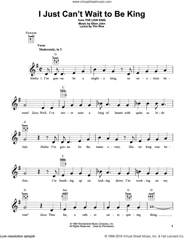 I Just Can't Wait To Be King (from The Lion King) sheet music for ukulele by Elton John and Tim Rice, intermediate skill level
