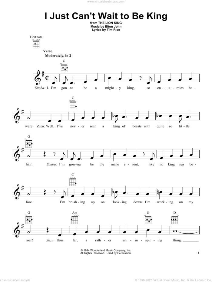 I Just Can't Wait To Be King (from The Lion King) sheet music for ukulele by Elton John and Tim Rice, intermediate skill level