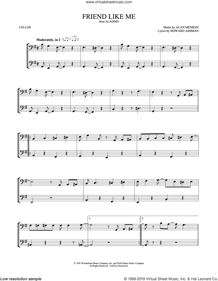 Friend Like Me (from Aladdin) sheet music for two cellos (duet, duets) by Alan Menken, Mark Phillips, Alan Menken & Howard Ashman and Howard Ashman, intermediate skill level