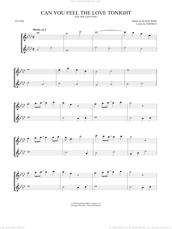 Can You Feel the Love Tonight (from The Lion King) sheet music for two flutes (duets) by Elton John, Mark Phillips and Tim Rice, wedding score, intermediate skill level