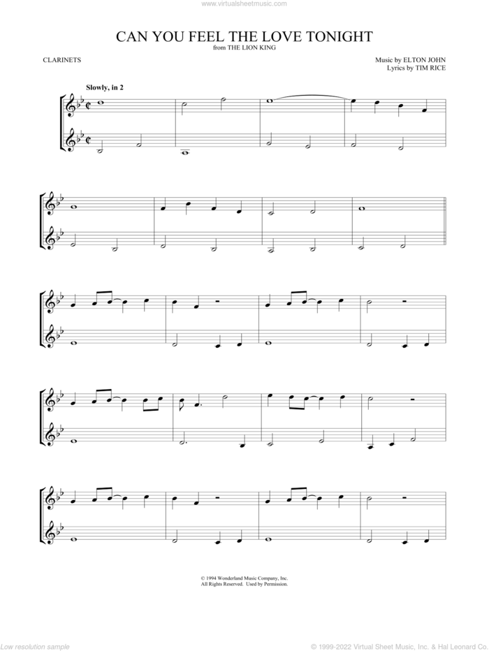 Can You Feel the Love Tonight (from The Lion King) sheet music for two clarinets (duets) by Elton John, Mark Phillips and Tim Rice, wedding score, intermediate skill level