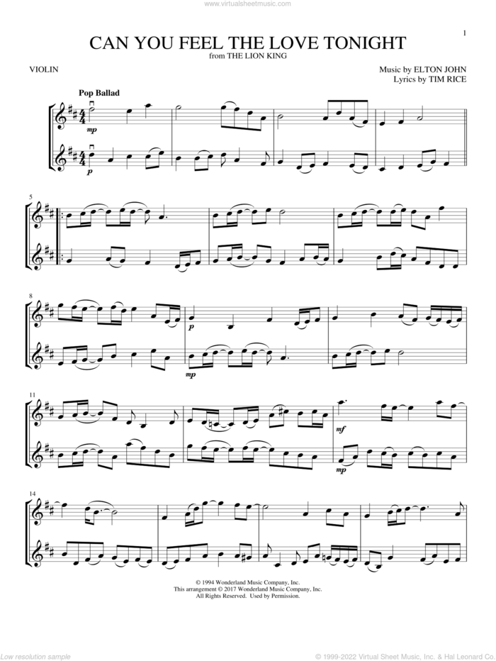 Can You Feel the Love Tonight (from The Lion King) sheet music for two violins (duets, violin duets) by Elton John and Tim Rice, wedding score, intermediate skill level