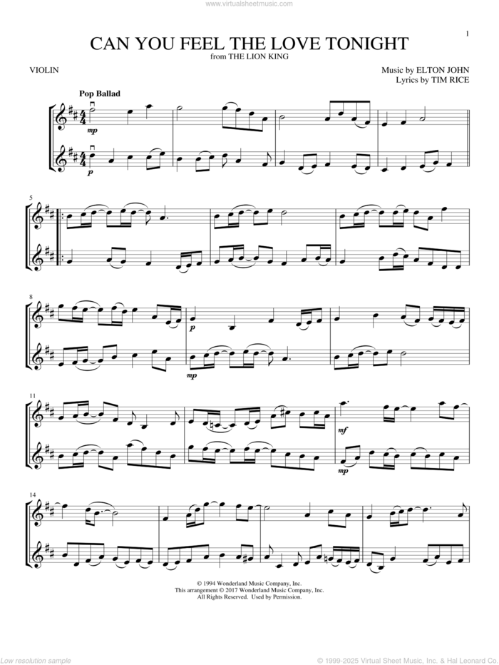 Can You Feel the Love Tonight (from The Lion King) sheet music for two violins (duets, violin duets) by Elton John and Tim Rice, wedding score, intermediate skill level