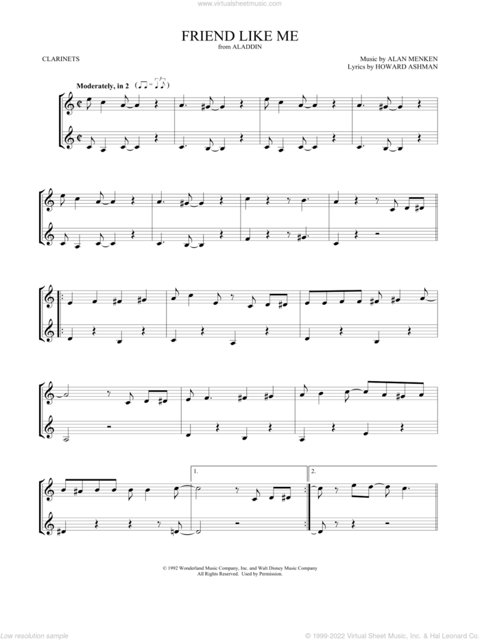 Friend Like Me (from Aladdin) sheet music for two clarinets (duets) by Alan Menken, Mark Phillips, Alan Menken & Howard Ashman and Howard Ashman, intermediate skill level