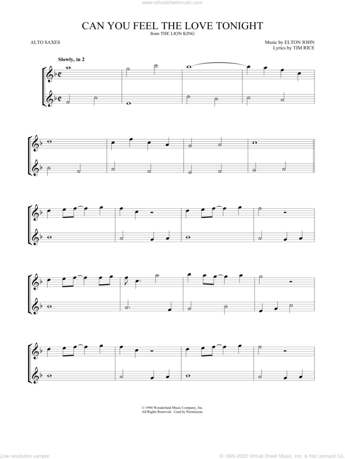 Can You Feel the Love Tonight (from The Lion King) sheet music for two alto saxophones (duets) by Elton John, Mark Phillips and Tim Rice, wedding score, intermediate skill level