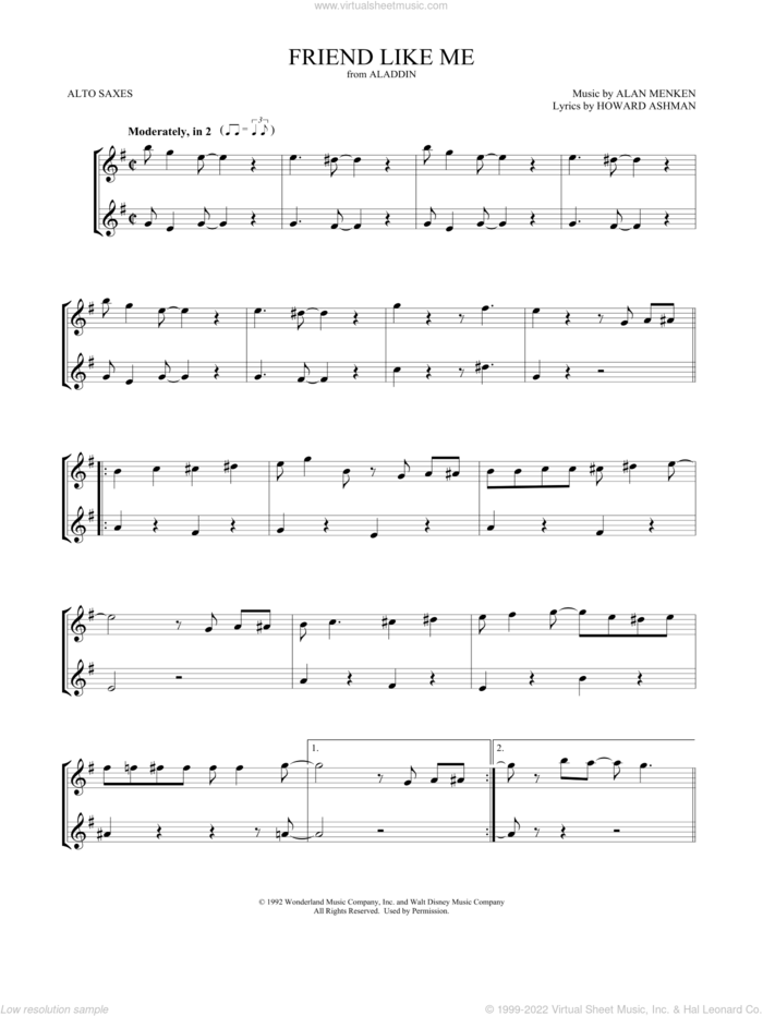 Friend Like Me (from Aladdin) sheet music for two alto saxophones (duets) by Alan Menken, Mark Phillips, Alan Menken & Howard Ashman and Howard Ashman, intermediate skill level