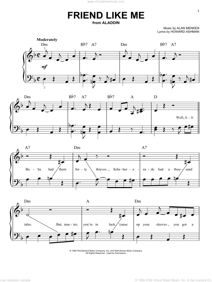 Friend Like Me (from Aladdin) sheet music for piano solo by Alan Menken, Alan Menken & Howard Ashman and Howard Ashman, beginner skill level