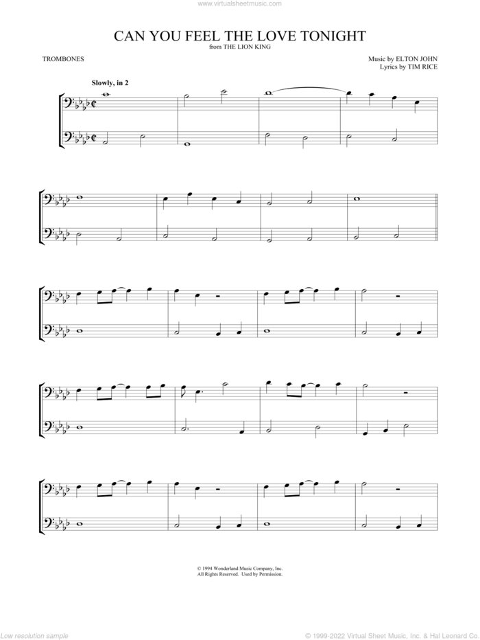 Can You Feel the Love Tonight (from The Lion King) sheet music for two trombones (duet, duets) by Elton John, Mark Phillips and Tim Rice, wedding score, intermediate skill level