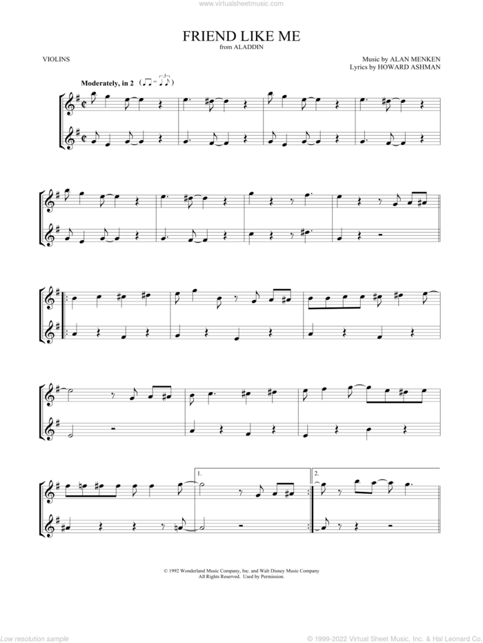 Friend Like Me (from Aladdin) sheet music for two violins (duets, violin duets) by Alan Menken, Mark Phillips, Alan Menken & Howard Ashman and Howard Ashman, intermediate skill level