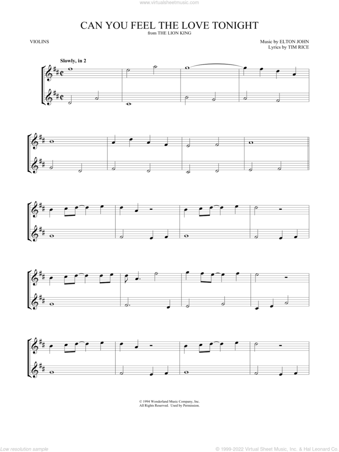 Can You Feel the Love Tonight (from The Lion King) sheet music for two violins (duets, violin duets) by Elton John, Mark Phillips and Tim Rice, wedding score, intermediate skill level