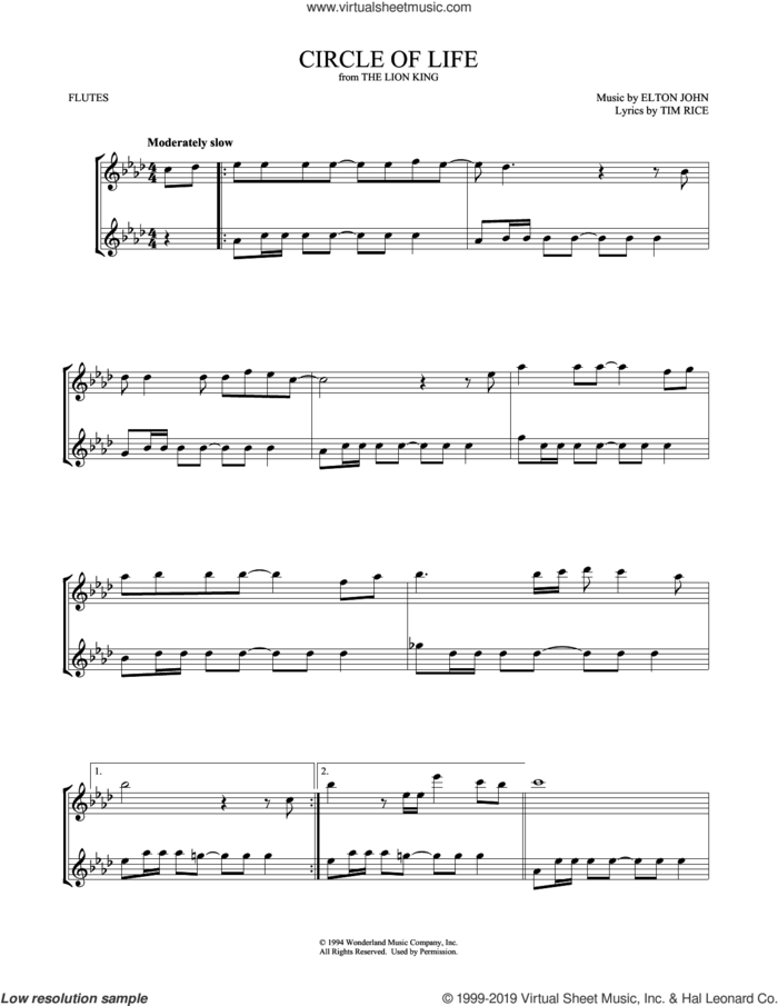 Circle Of Life (from The Lion King) sheet music for two flutes (duets) by Elton John, Mark Phillips and Tim Rice, intermediate skill level