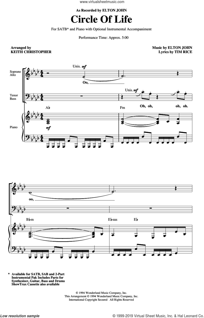 Circle Of Life (from The Lion King) (arr. Keith Christopher) sheet music for choir (SATB: soprano, alto, tenor, bass) by Elton John, Keith Christopher and Tim Rice, intermediate skill level