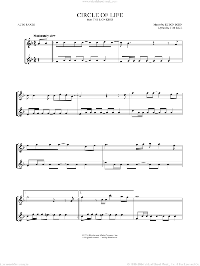 Circle Of Life (from The Lion King) sheet music for two alto saxophones (duets) by Elton John, Mark Phillips and Tim Rice, intermediate skill level