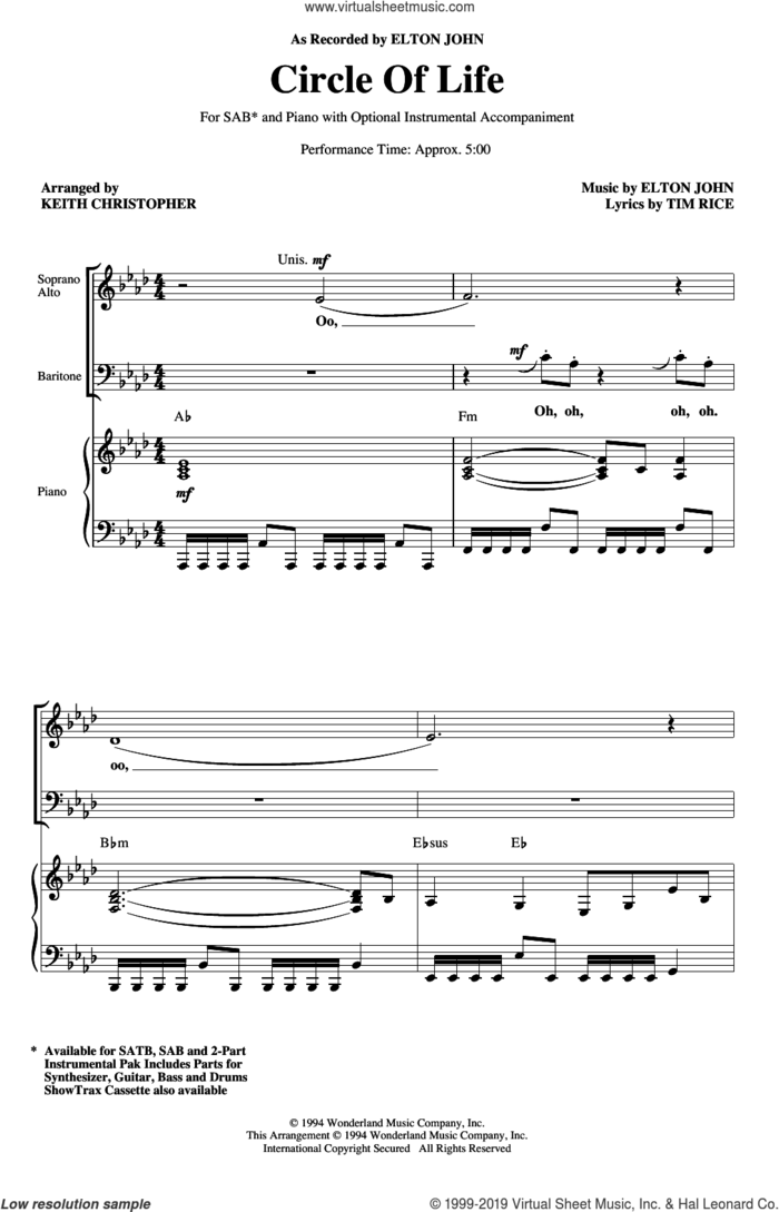 Circle Of Life (from The Lion King) (arr. Keith Christopher) sheet music for choir (SAB: soprano, alto, bass) by Elton John, Keith Christopher and Tim Rice, intermediate skill level