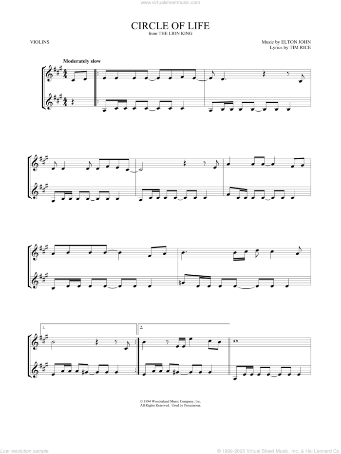 Circle Of Life (from The Lion King) sheet music for two violins (duets, violin duets) by Elton John, Mark Phillips and Tim Rice, intermediate skill level