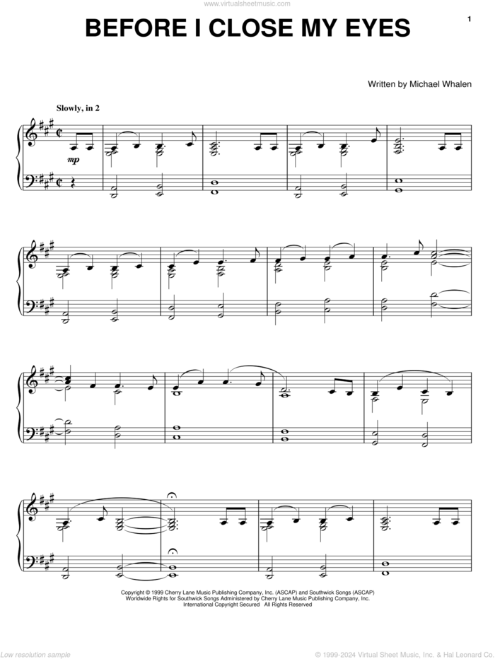 Before I Close My Eyes sheet music for piano solo by Michael Whalen, intermediate skill level