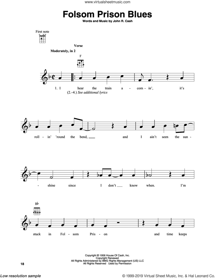 Folsom Prison Blues sheet music for banjo solo by Johnny Cash, intermediate skill level