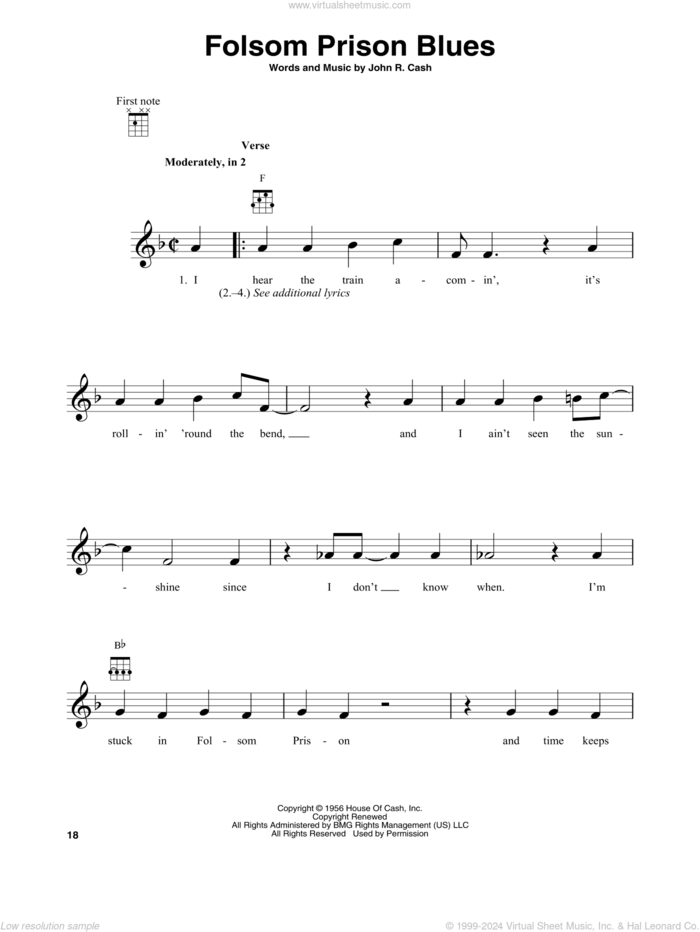 Folsom Prison Blues sheet music for banjo solo by Johnny Cash, intermediate skill level