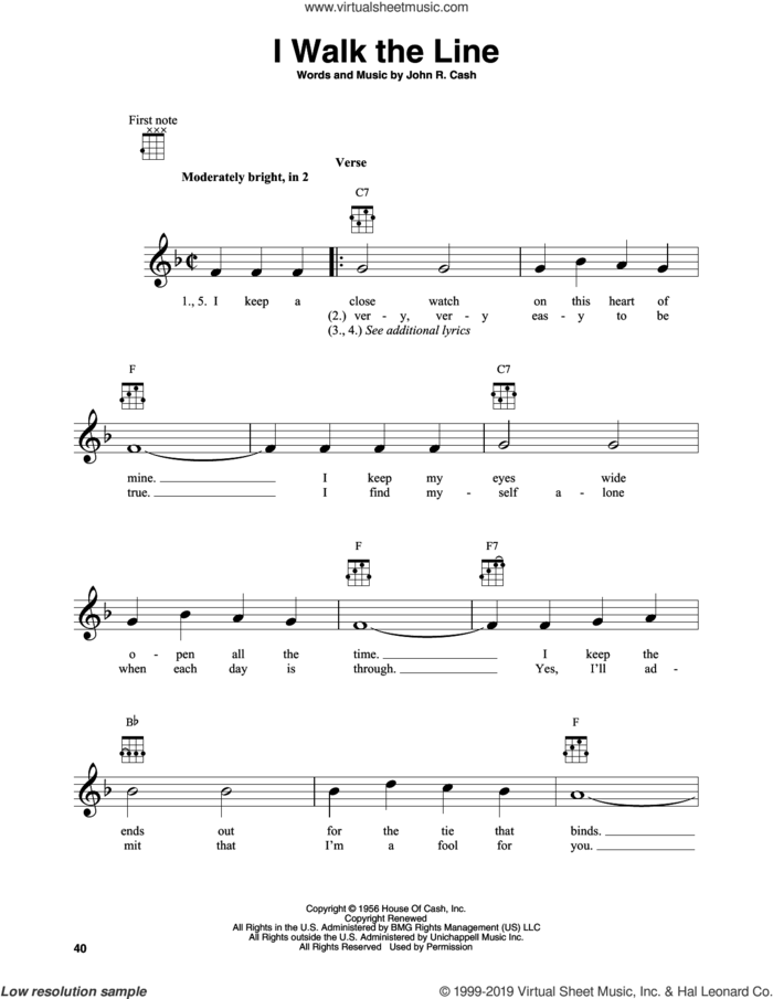 I Walk The Line sheet music for banjo solo by Johnny Cash, intermediate skill level