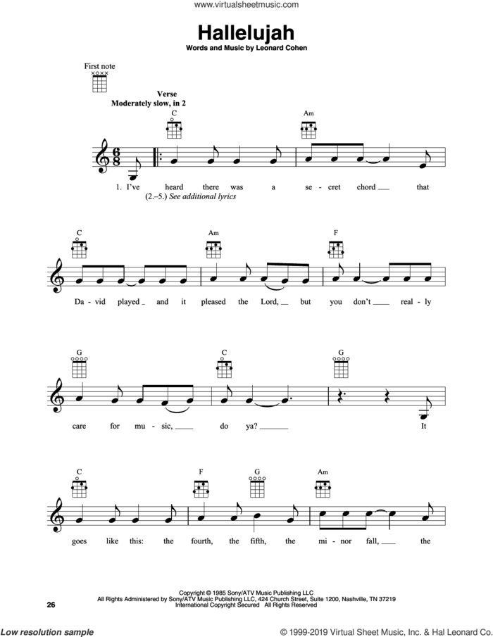 Hallelujah sheet music for banjo solo by Leonard Cohen, intermediate skill level