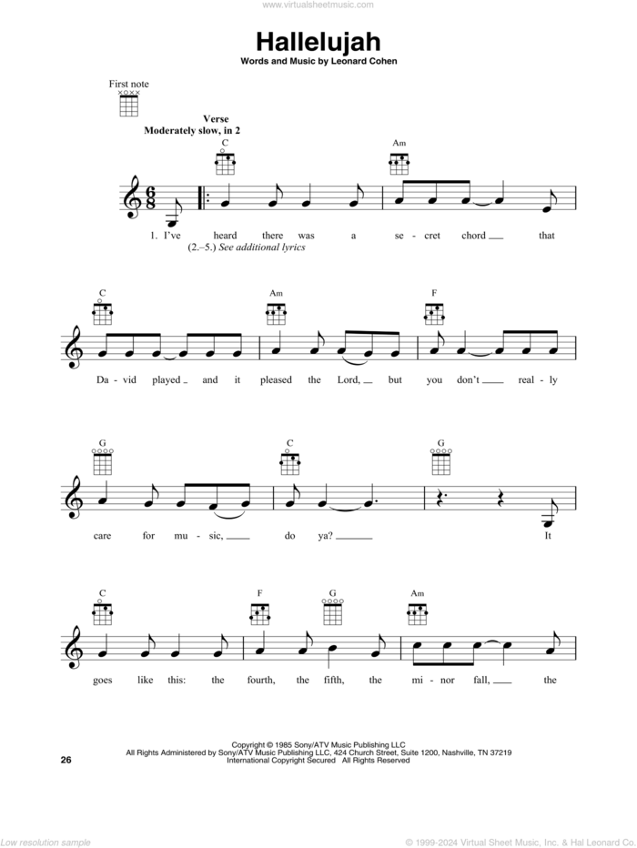 Hallelujah sheet music for banjo solo by Leonard Cohen, intermediate skill level