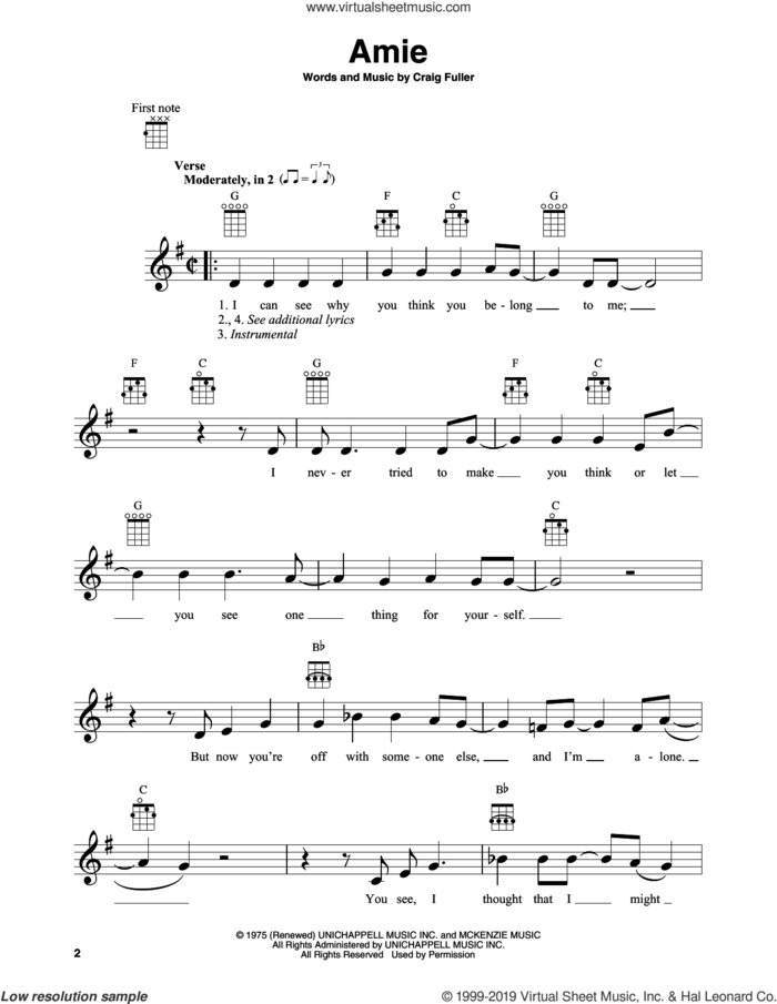 Amie sheet music for banjo solo by Pure Prairie League and Craig Fuller, intermediate skill level