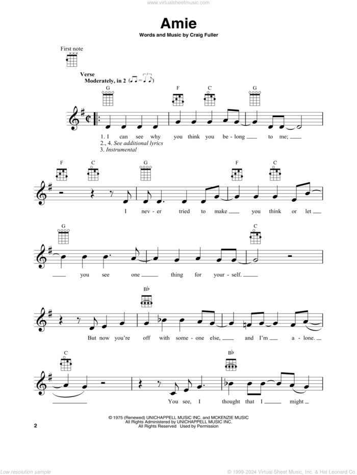 Amie sheet music for banjo solo by Pure Prairie League and Craig Fuller, intermediate skill level